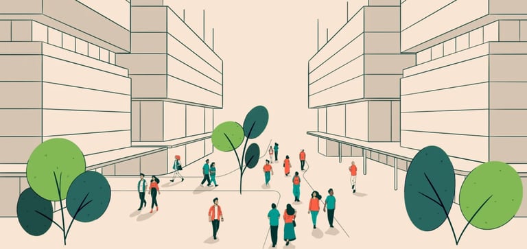 Illustration of a modern urban plaza with diverse people walking, green trees, and contemporary buildings with horizontal architectural lines
