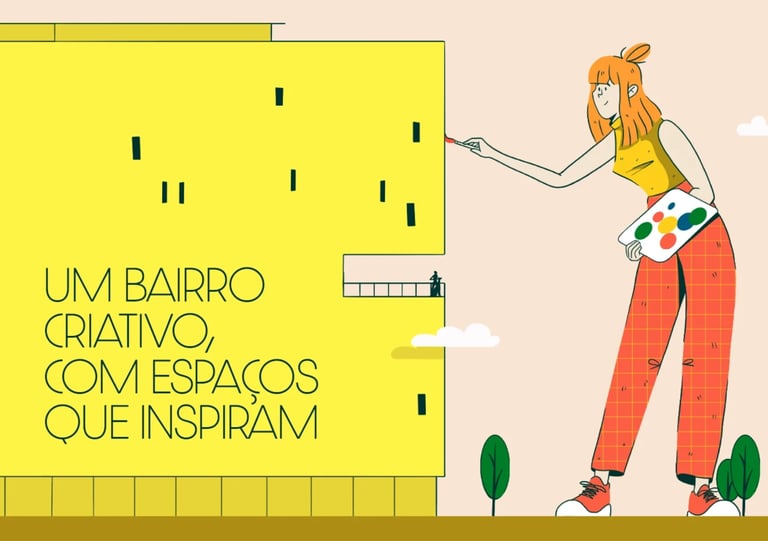 Illustration of a woman with orange hair pointing at a yellow building with text about creative neighborhoods and inspiring spaces